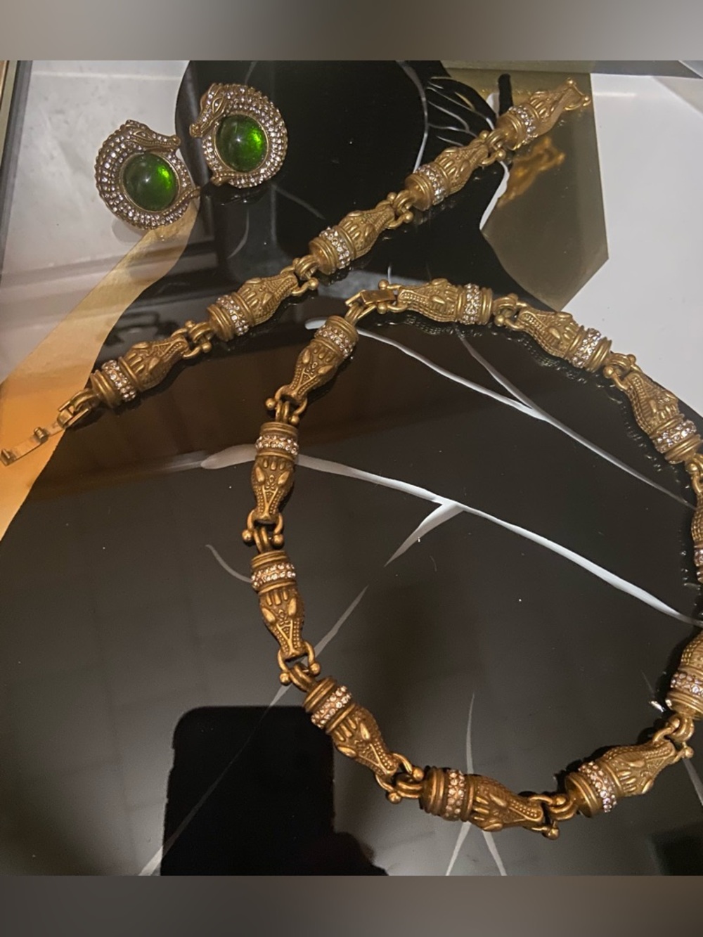 Antique Gold-Tone Crocodile Link Necklace.. Bracelet and matching Earrings